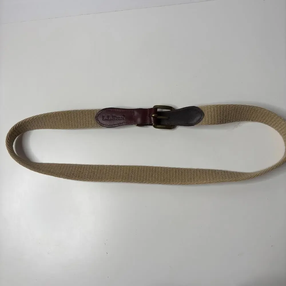 LL Bean Beige & Brown Fabric & Leather Belt Men 40 USA Made Classic Brass Buckle